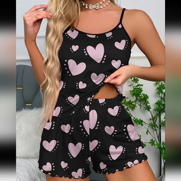 Black and Pink Heart Print Pajama Set Sleeveless Stretch Sleepwear Size XL - Picture 1 of 5